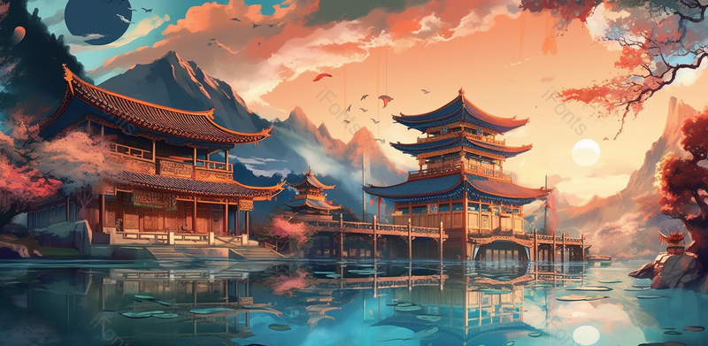 国潮落日山水中式建筑插画,插画/手绘图,插画/手绘图库,插画/手绘图下载,插画/手绘